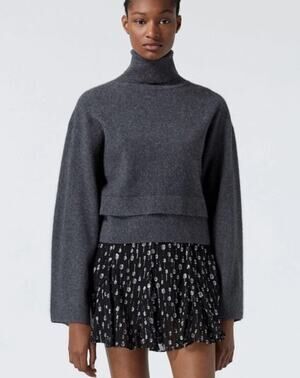 The Kooples Fox Cashmere Wool Cropped Turtleneck Sweater Gray Size 3 US 8